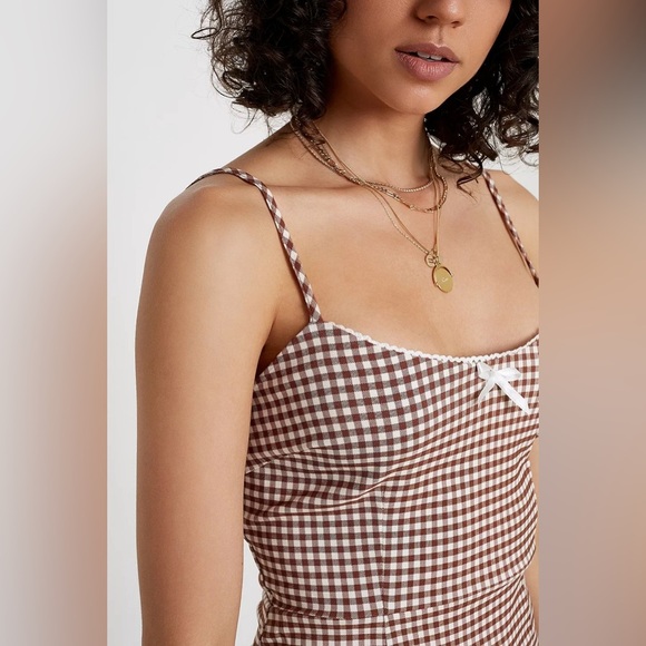 UO Gingham Brown Mini Dress Coquette Cottagecore Festival Outhold Boho Hipster L - Picture 9 of 12